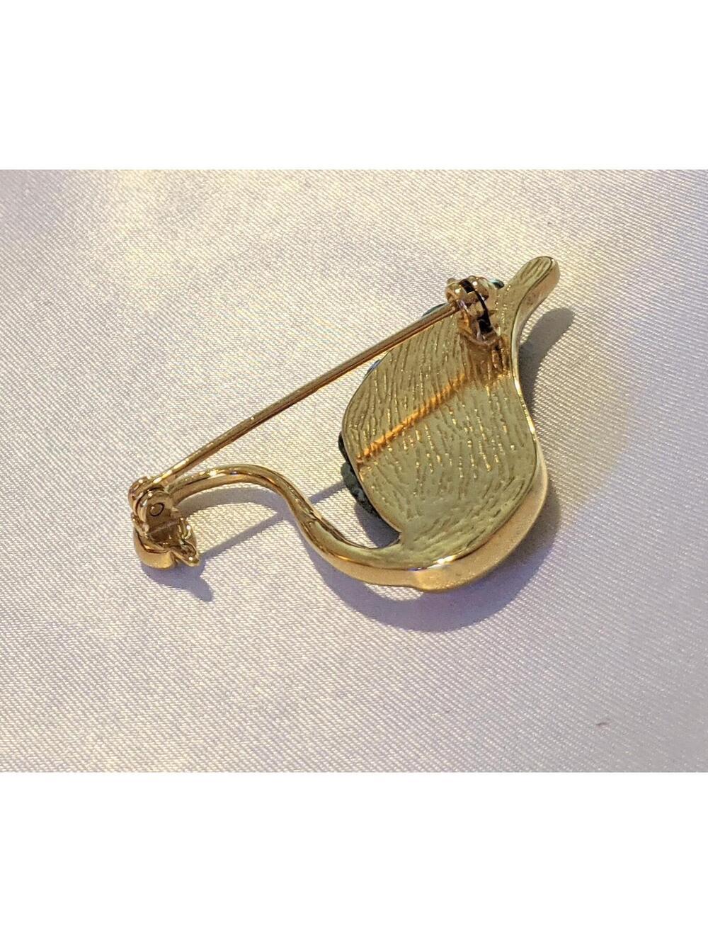 Vintage Gold Tone SWAN Shaped Pin Brooch w/ Inset Abalone Lucite Rainbow Swirls - Picture 6 of 9
